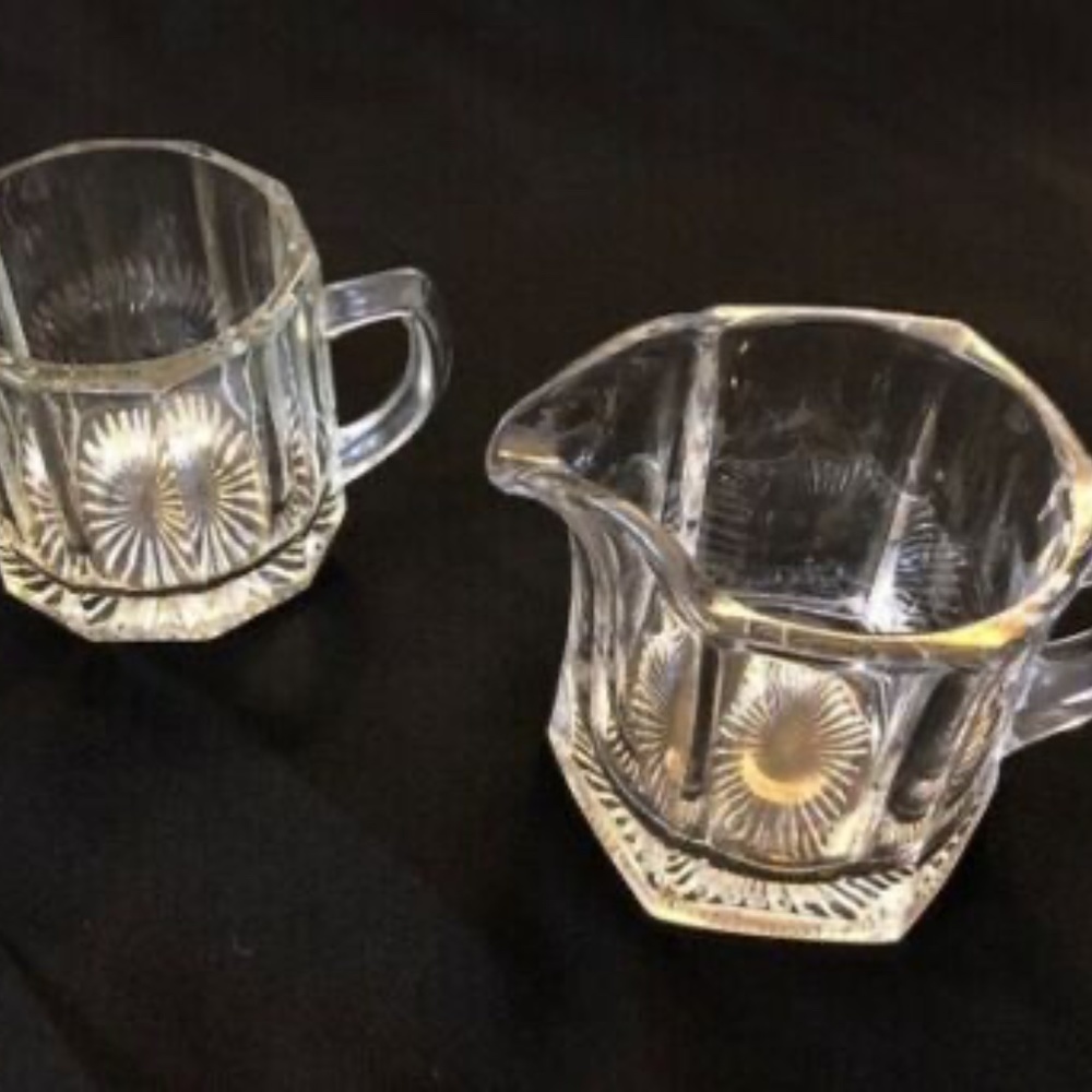 Heavy EAPG Paneled Creamer and Open Sugar Bowl with Handles and Starburst Base